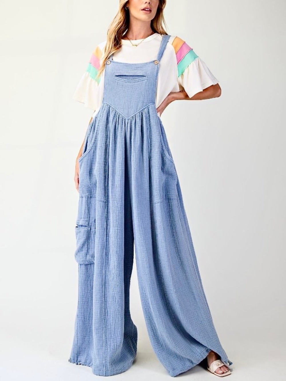 EASEL "DO YOU" Oversized Mineral Washed Cotton Romper Harem or Wide Leg Pockets